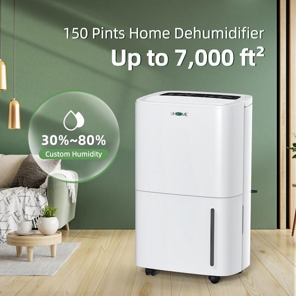 150 pt. 7,000 sq.ft. Portable Dehumidifier in White with Built-in Pump, Dual-Filter, Variable Speeds, Continuous Run