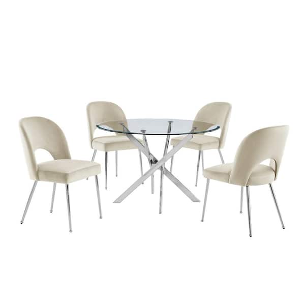 Best Quality Furniture Adrian 5-Piece Tempered Glass Top and Beige Table Set Seats 5