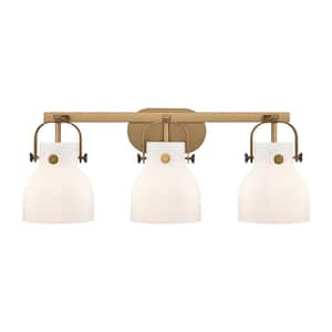 Pilaster II Bell 26.5 in. 3-Light Brushed Brass Vanity Light with Glass Shade