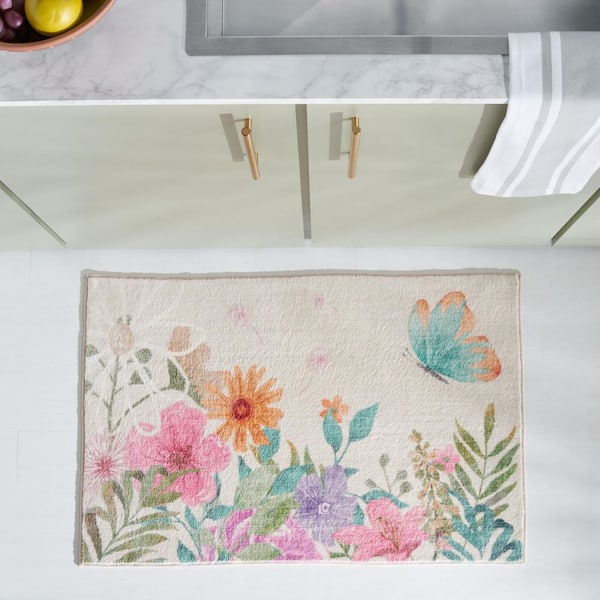 Door And Kitchen Mat Ivory/Pink 2 ft. x 4 ft. Machine Washable Floral Garden Area Rug