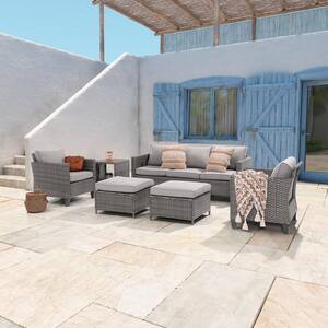 6-Piece Gray Wicker Outdoor Conversation Seating Sofa Set with Side Table, Linen Grey Cushions