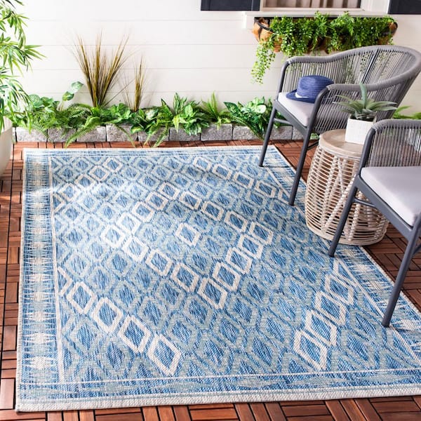Courtyard Navy/Gray 7 ft. x 7 ft. Square Border Indoor/Outdoor Patio  Area Rug