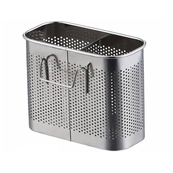 Brushed Finish 304 Stainless Steel Utensil Drainer Dual Compartment Cutlery Holder with Hooks Anti-Rust Sink Organizer