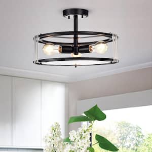16 in. 3-Light Black and Brushed Nickel Round Semi Flush Mount with Verre Strie Glass