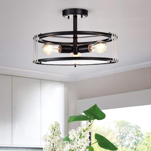 Edvivi 16 in. 3-Light Black and Brushed Nickel Round Semi Flush Mount with Verre Strie Glass