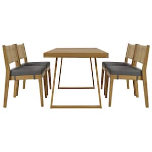 5-Piece Brown Acacia Wood Seats 4 Outdoor Dining Set with Gray Thick Cushions