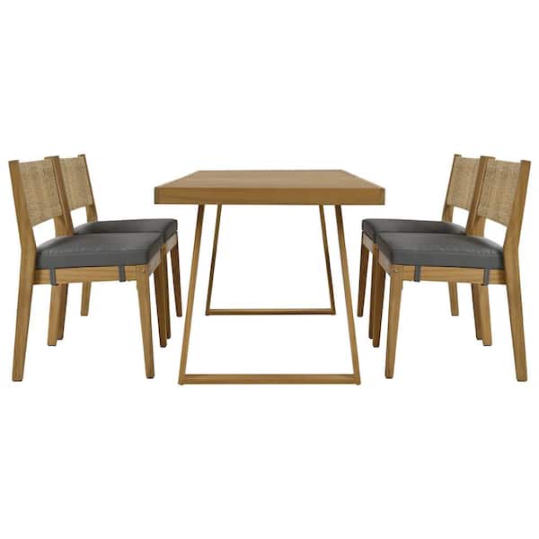 Tenleaf 5-Piece Brown Acacia Wood Seats 4 Outdoor Dining Set with Gray Thick Cushions