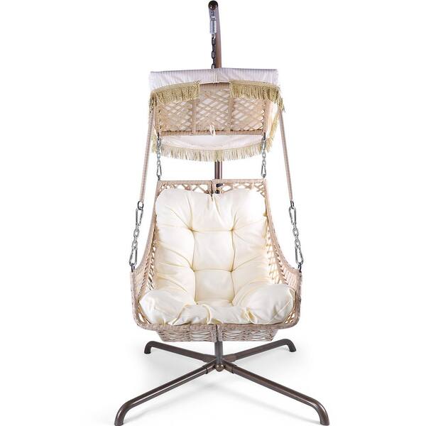 Unbranded Coffee Wicker Frame Metal Patio Swing, Egg Chair with Stand and Cup Holder, Hammock Chair for Backyard Decks Gardens