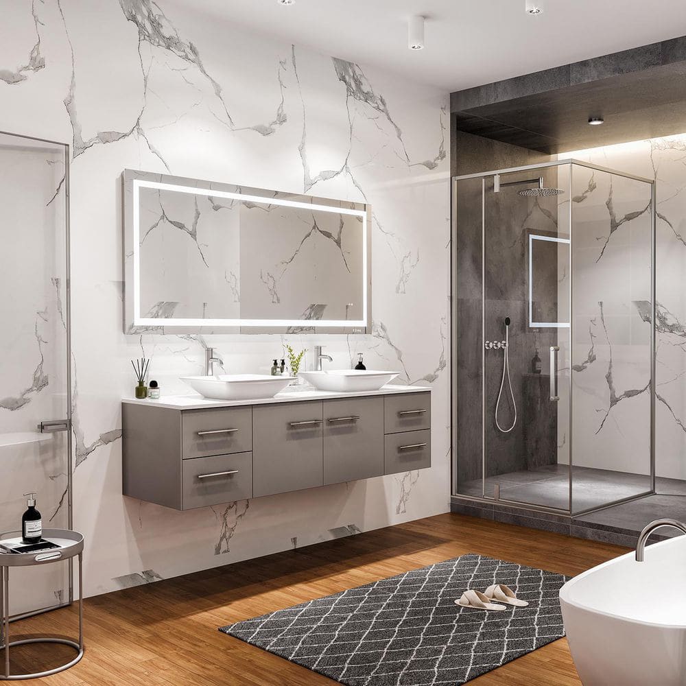 Gray Modern Double Sink Wall-Mount Bathroom Vanity with White Quartz Top