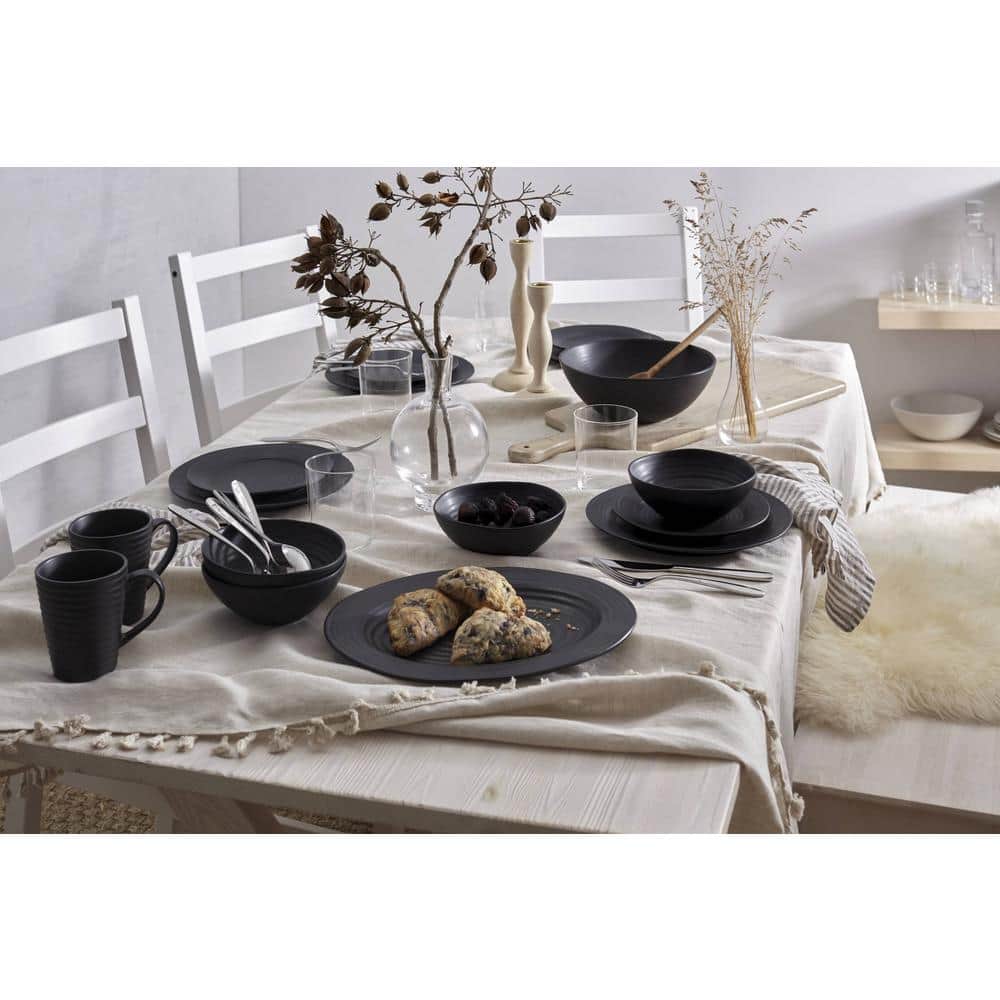 Black Ceramic 12-Piece Round Dinnerware Set with Swirl Embellishment