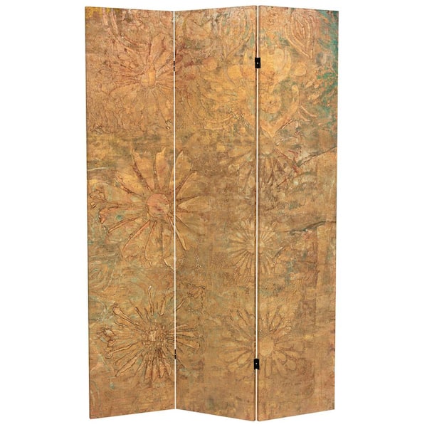Printed Canvas 71 in. Brass Blossoms 3-Panel Room Divider