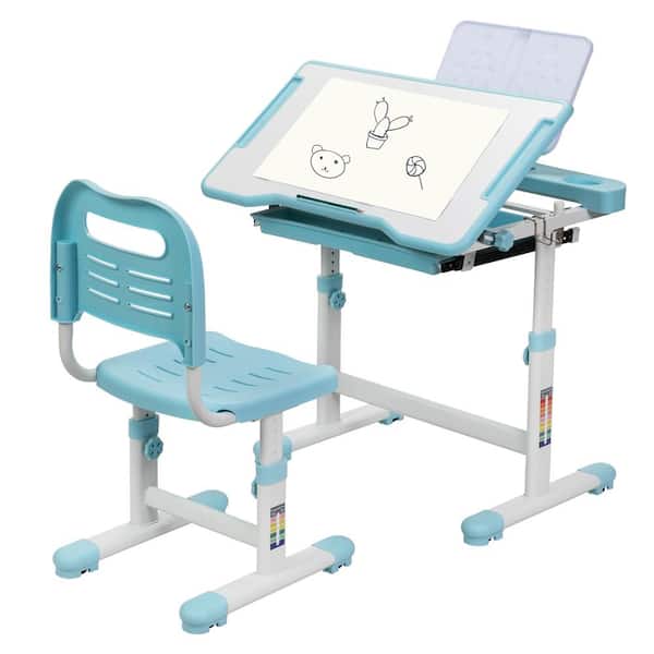 Nyeekoy Kids Functional Height Adjustable Desk and Chair Set with Tilted Desktop, Book Stand and Drawer