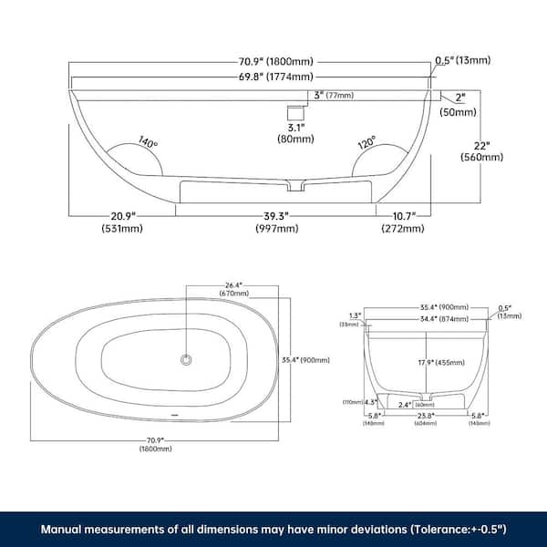 Luna 71 in. x 35 in. Stone Resin Solid Surface Flatbottom Freestanding Soaking Bathtub in White Inside and Black Outside