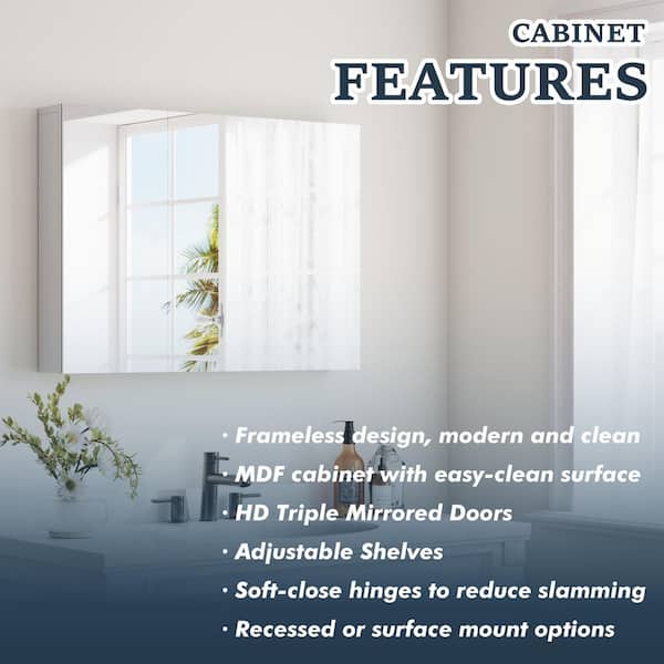 36 in. Width x 25.5 in. Height x 4.5 in. Depth Surface Mount Medicine Cabinet in Tri-View Mirror in White