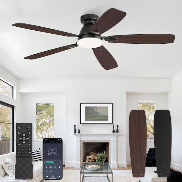 52 in. Indoor Black Dimmable Flush Mount Standard Ceiling Fan with Integrated LED Light and Remote Control Included