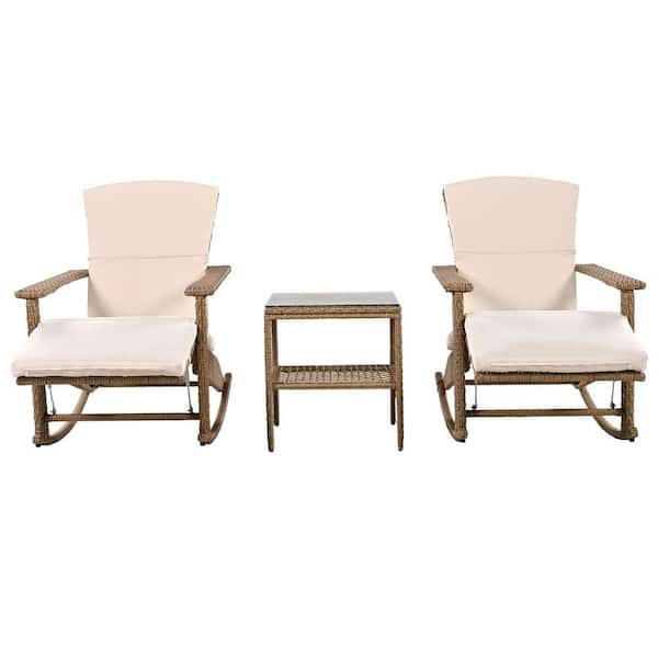Unbranded Adjustable Wicker Double Outdoor Rocking Chairs with Coffee Table and Beige Cushion for Patio, Backyard, Garden,Poolside