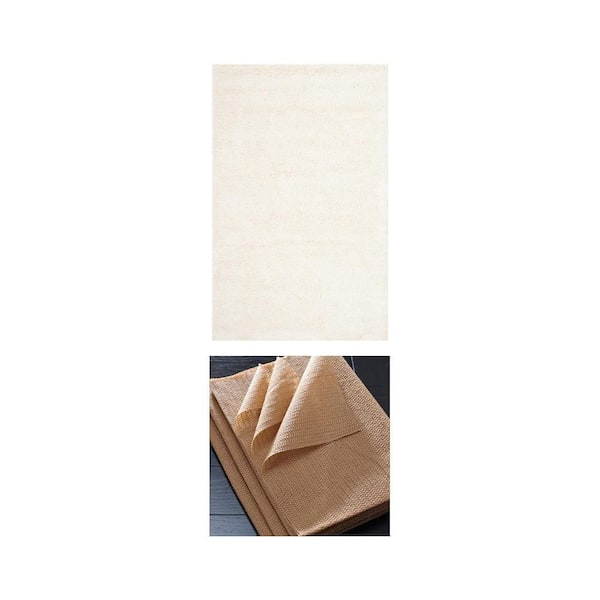 Milan Shag Ivory 10 ft. x 14 ft. Area Rug with Grid Beige Non-Slip 12 in. Rug Pad Combo