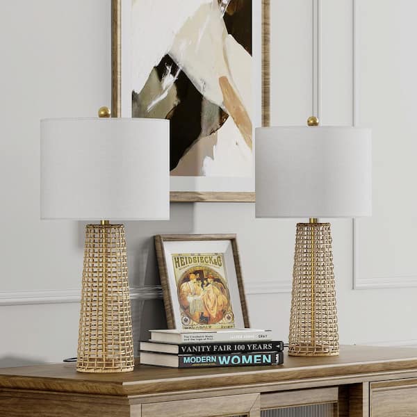 Maxax Heideman 26.5 in Beige Rattan Bedside Table Lamp with White Linen Lampshade (2-Pack)
