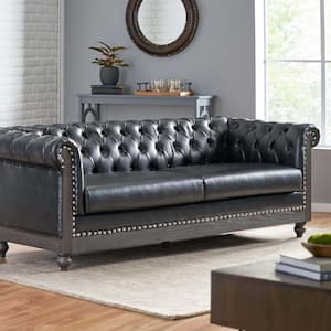 Retro Style 79 in. W Rolled Arm Faux Leather Rectangle Sofa in Black with Button-Tufted Backrest, Wooden Legs