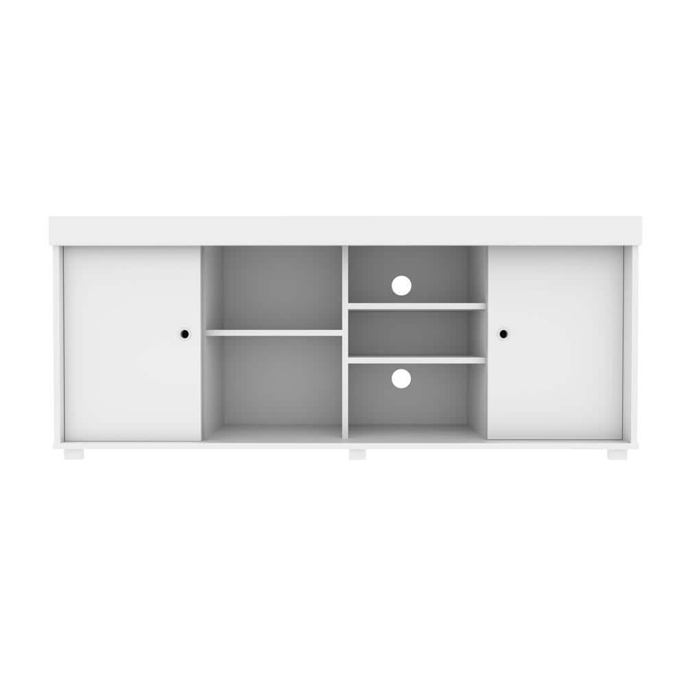 Modern White Particleboard TV Stand with Open Shelves and Cabinet