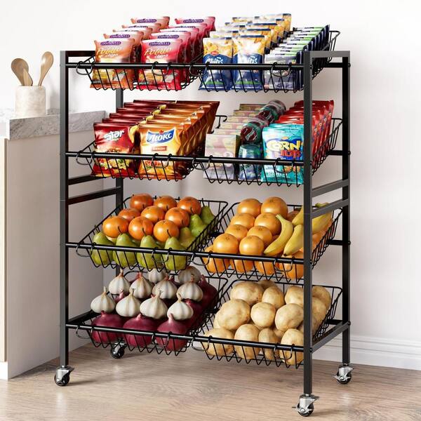 4-Tier 25.2 in. W Metal Fruit Basket Vegetable Stand with 8 Removable Baskets for Kitchen Storage, Rolling Snack, Black