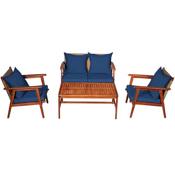 WELLFOR 4-Pieces Wood Patio Rattan Conversation Set with Navy Cushions