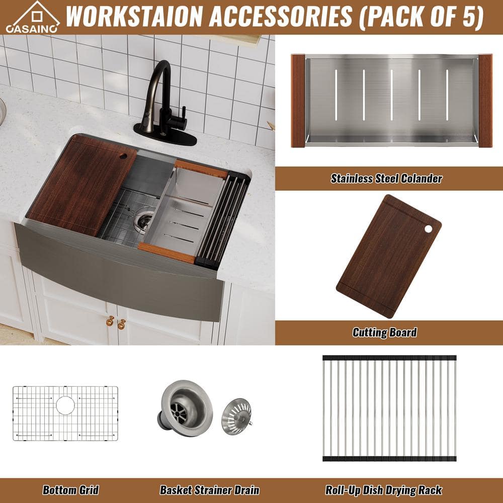36" Brushed Stainless Steel Farmhouse Kitchen Sink with Accessories