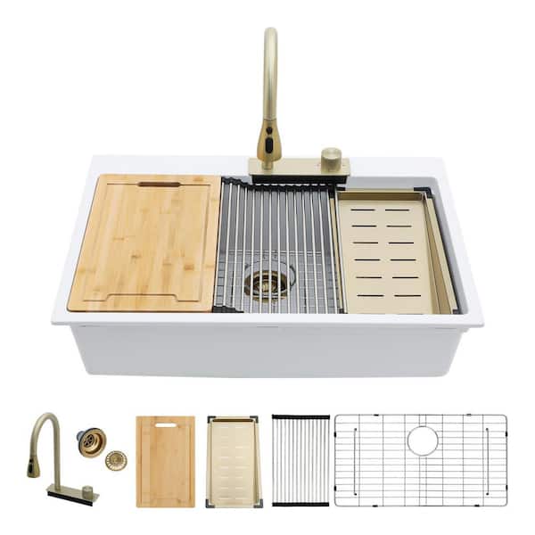 33 in. Drop-In Single Bowl White Quartz Composite Workstation Kitchen Sink with Accessories