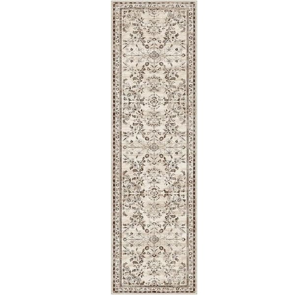 2' x 8' Non Slip Boho Floral Hallway Runner Rug-Brown