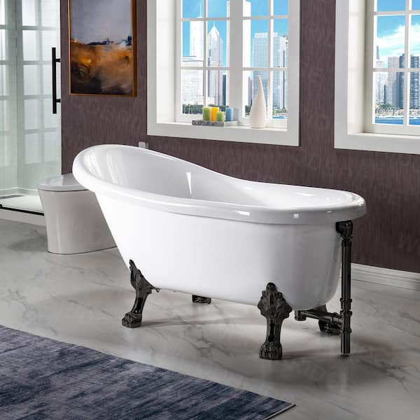 WOODBRIDGE Detroit 59 in. Heavy Duty Acrylic Slipper Clawfoot Bath Tub in White, Claw Feet, Drain & Overflow in Matte Black