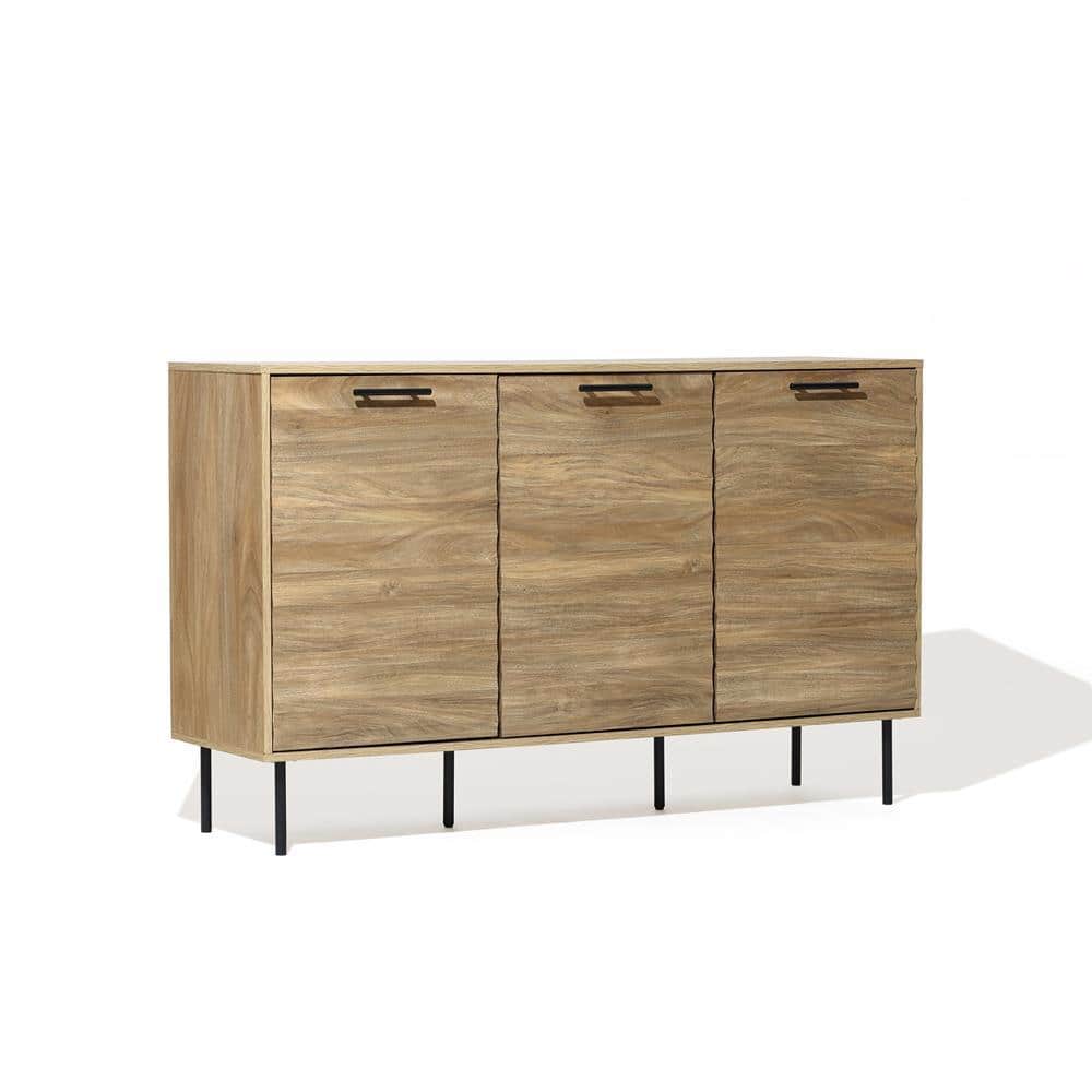 Mid-Century Modern Natural Wood and Black 55.1-Inch Sideboard Cabinet