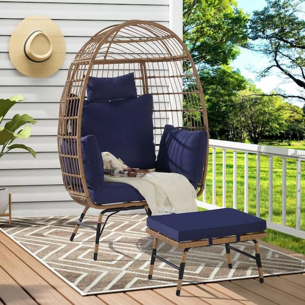 AFAIF Patio Wicker Outdoor Lounge Chair with Ottoman and Thick Cushions for Porch, 1-Chair Dary Blue Wicker Egg Chair