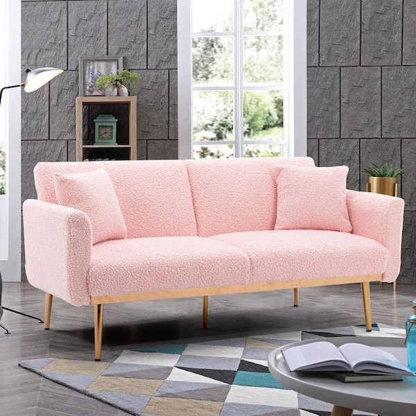 HOMEFUN 63.77 in Wide Light Pink Teddy Fabric Upholstered 2-Seater  Convertible Sofa Bed with Golden Metal Legs HFHDSN-9925TDPK - The Home Depot