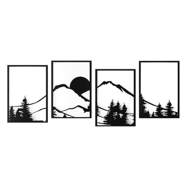4 Pack 17 in. x 12 in. Black Metal Work for Living Room, Line Wall Art Decor, Natural Mountain Pattern Wall Sculptures