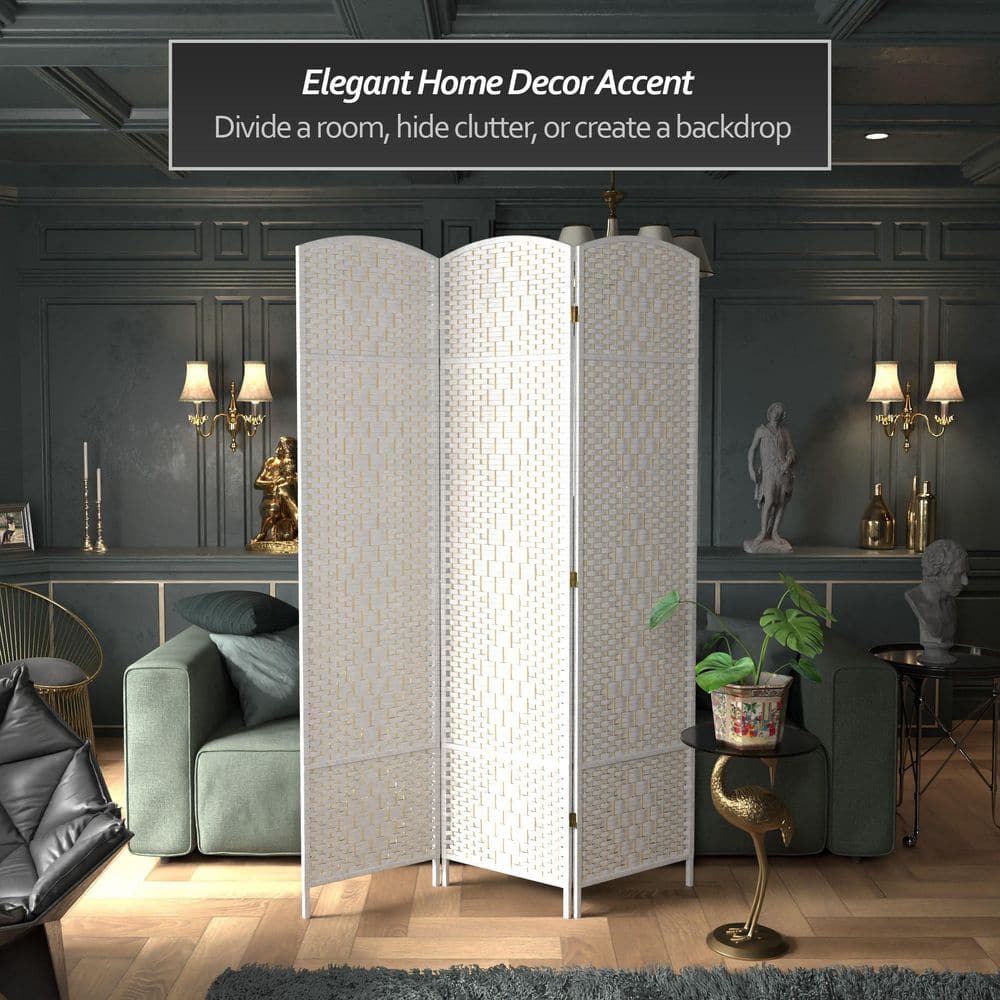 Tall White Woven Plant Fiber 3-Panel Room Divider