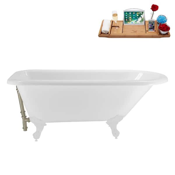 Streamline 62 in. x 29 in. Acrylic Clawfoot Soaking Bathtub in Glossy White with Brushed Nickel Drain, Glossy White Clawfeet