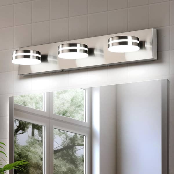 JUSHENG 23.6 in. 3-Light Nickel LED Vanity Light with Dimmable 5500K Light and 270° Swivel Range Acrylic Lampshade