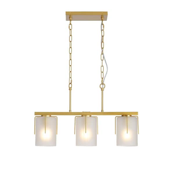 Adjustable Height 18-60 in. Gold 3-Light Linear Chandelier Light w/ Frosted Glass Cylinder Shade, E26 Bulb Not Included