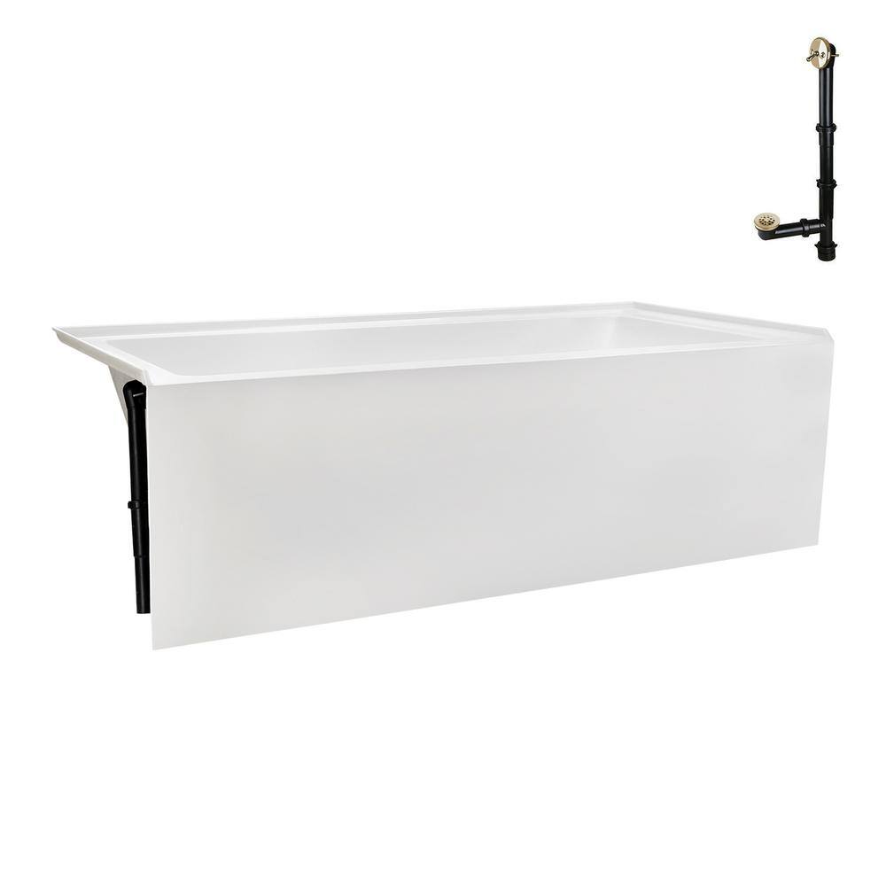 Glossy White Acrylic Alcove Bathtub with Polished Brass Drain
