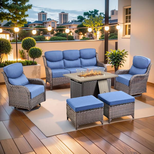 MoonLuxe Brown Wicker Fire Pit Conversation Set with Blue Olefin 6 in. Thick Cushions Patio Swivel Chairs (6-Piece)