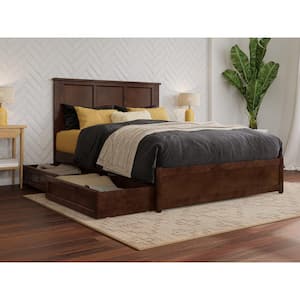 Felicity Walnut Brown Solid Wood Frame Full Platform Bed with Panel Footboard and Storage Drawers