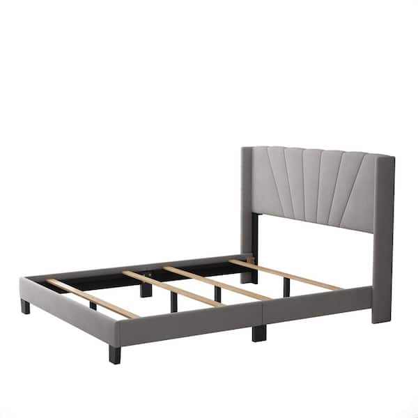 Unbranded 84.4 in. W Gray Queen Velvet Upholstered Frame Platform Bed