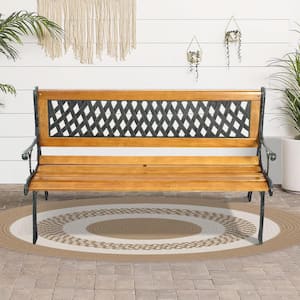 3-Person Cast Iron Patio Wood Outdoor Bench