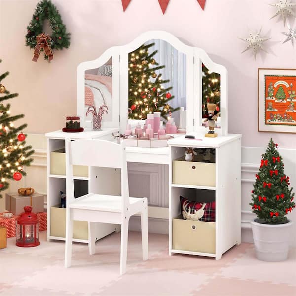 Costway 2 Piece Rectangle MDF Top White Kids Vanity Table and Chair Set Princess Pretend Play Makeup Vanity Set HCST01597