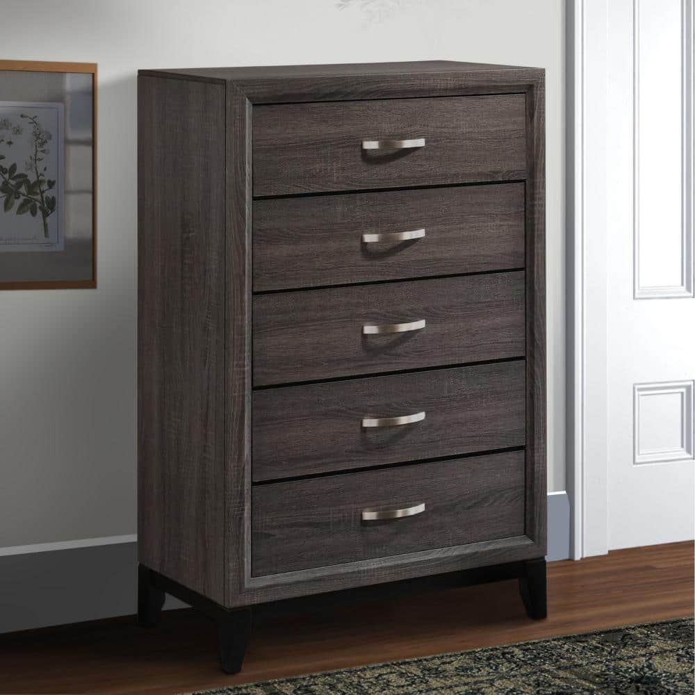 Gray 5-Drawer Transitional Chest with Chamfered Feet