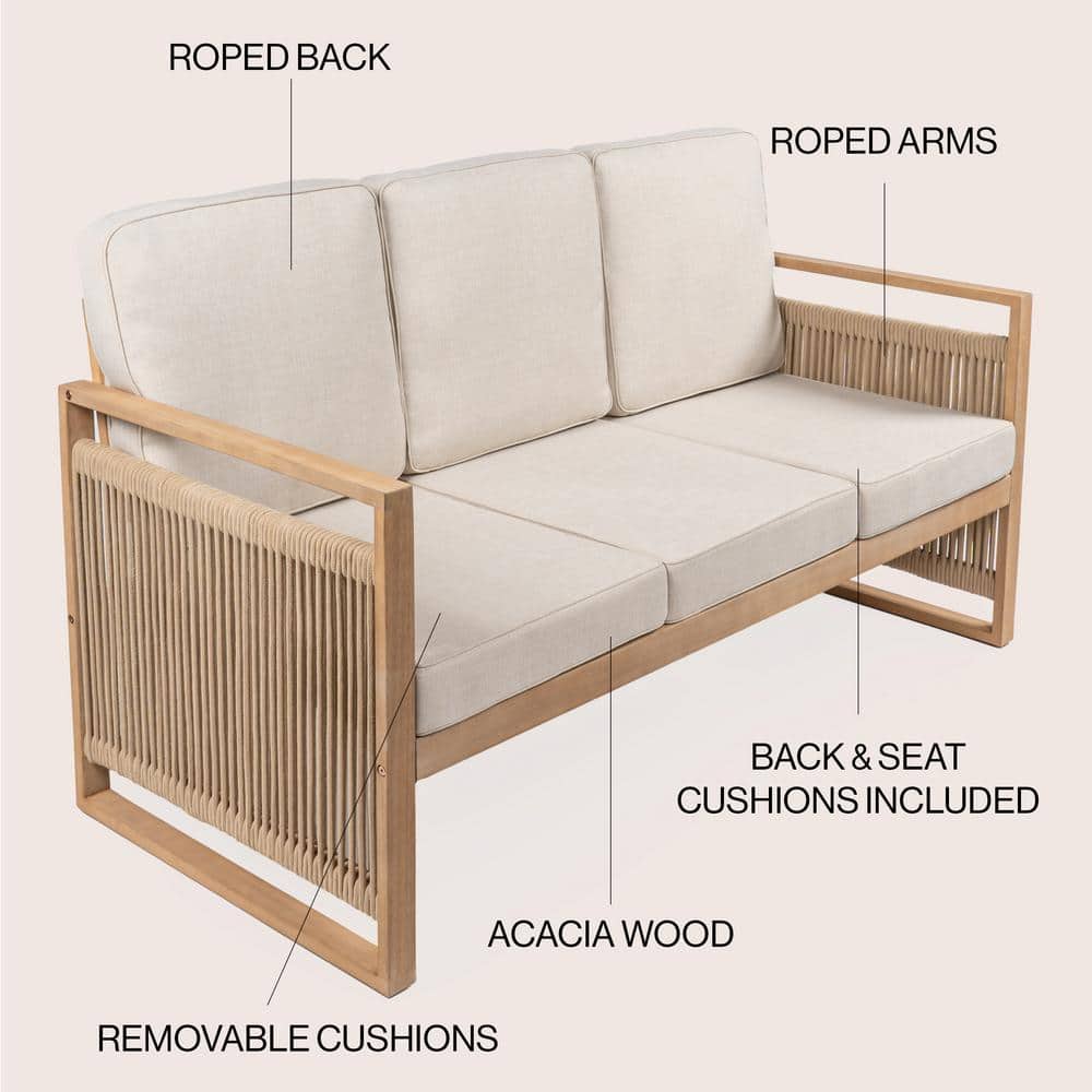 Gable Beige and Light Teak Roped Acacia Wood Outdoor Sofa with Cushions