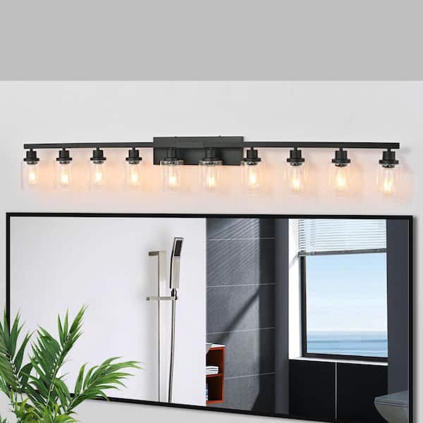 65 in. 10-Light Matte Black Bathroom Vanity Light Wall Sconces with Clear Glass Shades for Bedroom, Bulbs Not Included
