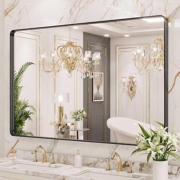 TOOLKISS 55 in. W x 36 in. H Rectangular Aluminum Framed Wall Bathroom Vanity Mirror in Black