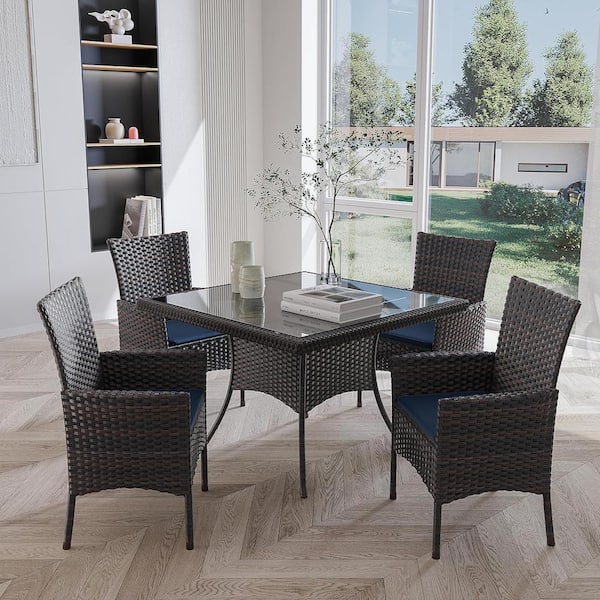 Halmuz 5-Piece Brown Wicker Outdoor/Indoor Dining Set with Navy Cushion, Tempered Glass Tabletop, Umbrella Hole