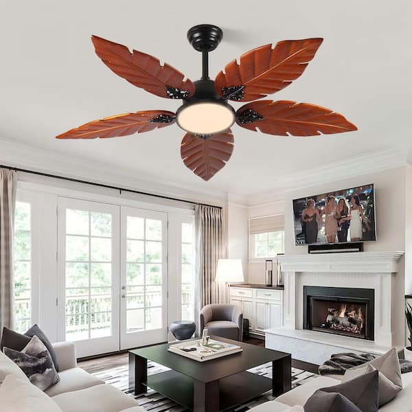 Zoren 52 in. Solid Wood Brown Palm Shade Indoor/Outdoor Ceiling Fan With Light Kit For Patio and Living Room